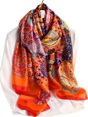 Women's Orange Lightweight Silk Like Scarves Flower Print Head Cotton Wrap Scarf